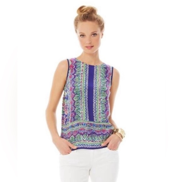 Lilly Pulitzer Bright Navy Not too Catty Iona Silk Top - Picture 2 of 4